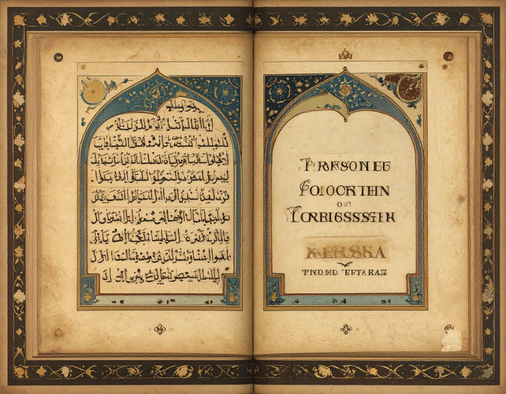Open historical manuscript with decorated pages and handwritten text.