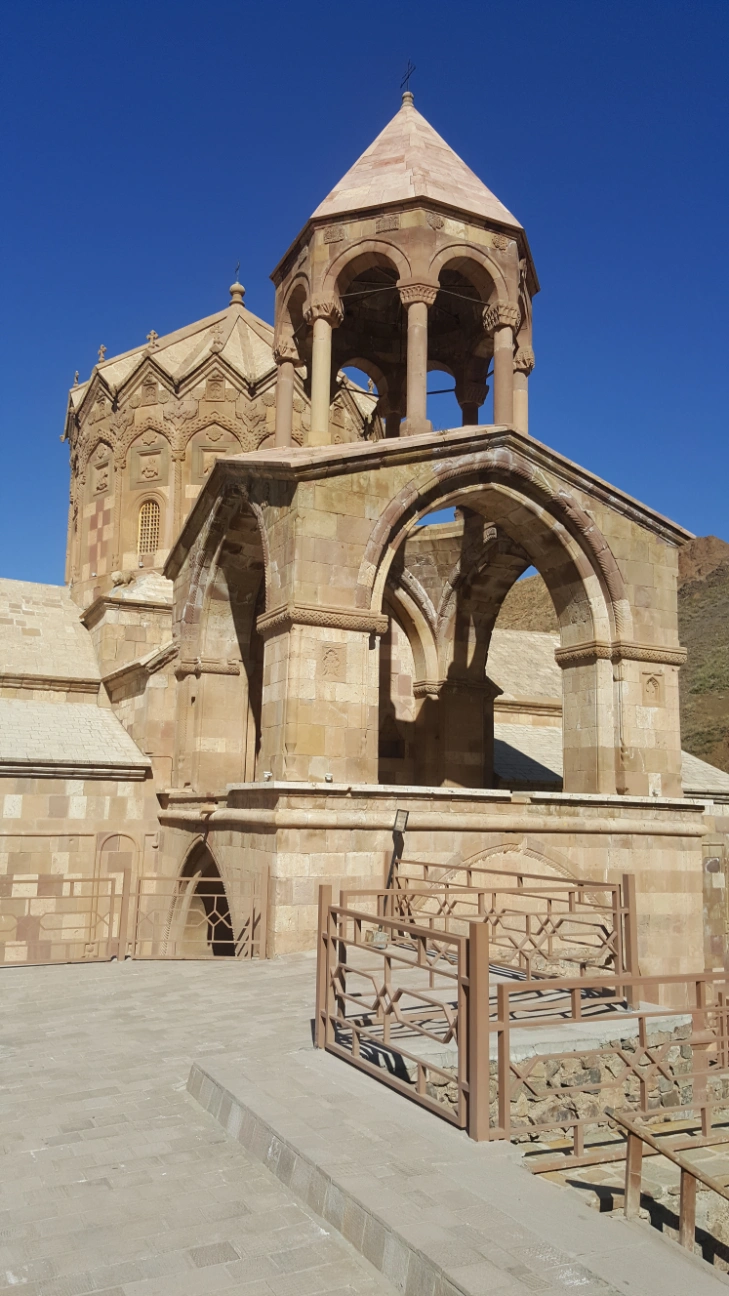 Historic stone architecture and bell tower at Saint Stepanos Monastery near Jolfa, Iran.